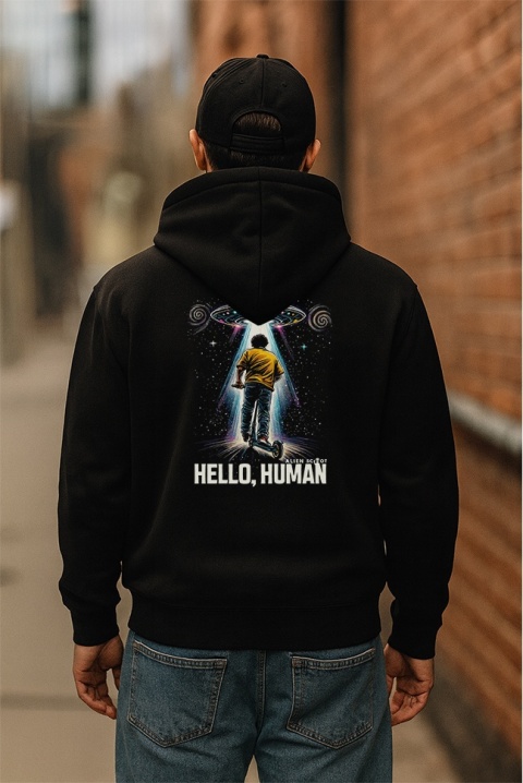 Bluza hulajnoga AlienScoot Hello Human UFO – bluza hulajnogowa z kapturem dla dzieci i młodzieży (czarna)