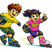 skati i siostra w koszulkach na rolkach